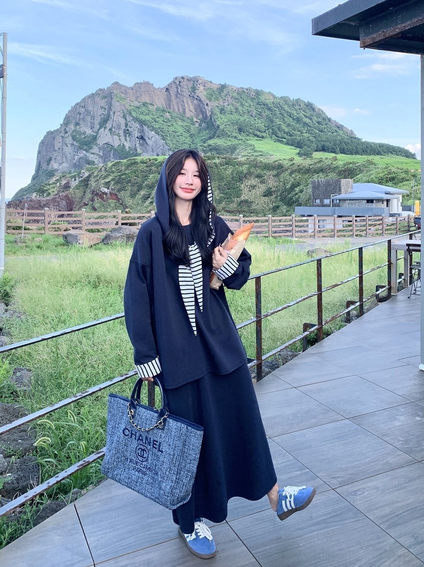 Navy Striped Hoodie Skirt Set Casual Preppy Style