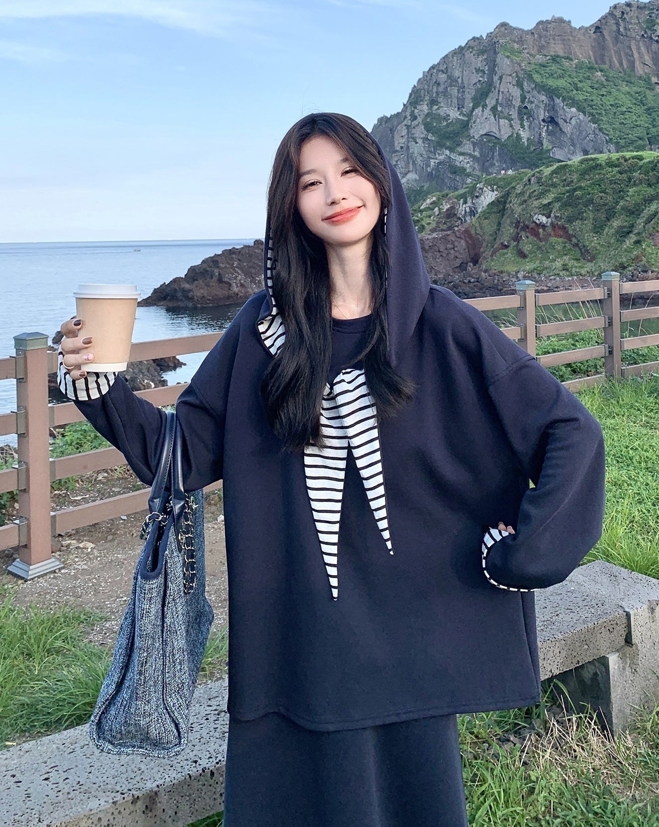Navy Striped Hoodie Skirt Set Casual Preppy Style