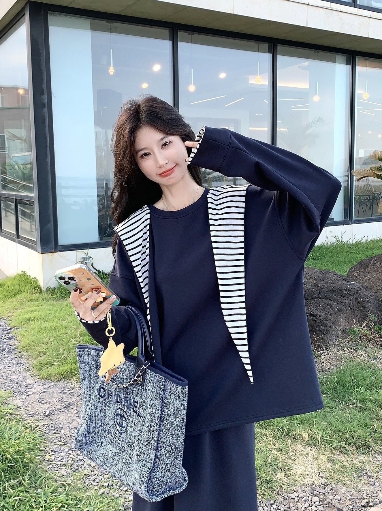 Navy Striped Hoodie Skirt Set Casual Preppy Style