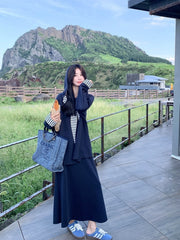 Navy Striped Hoodie Skirt Set Casual Preppy Style