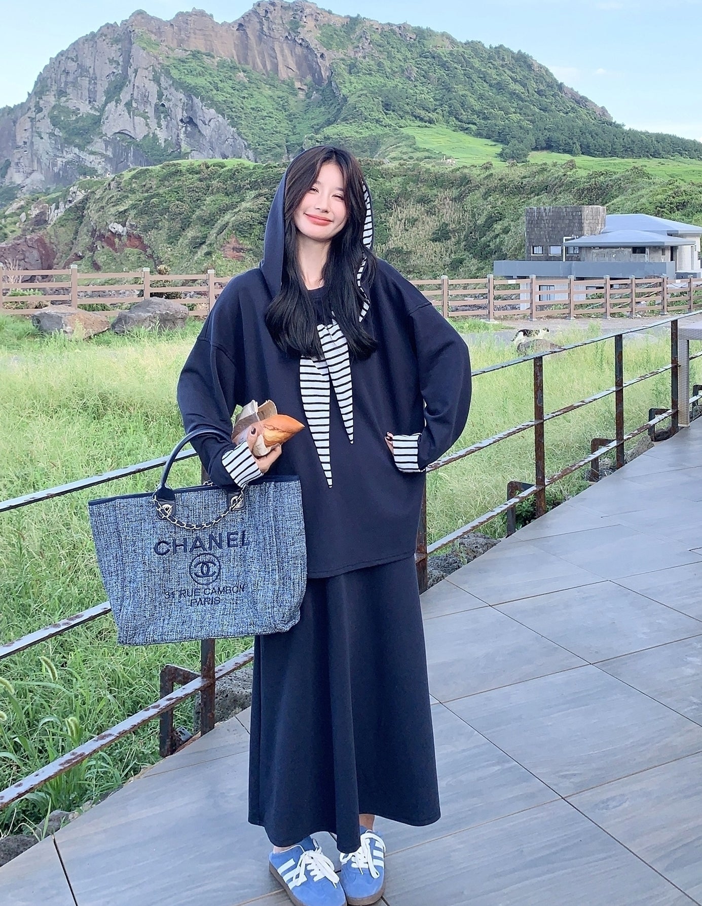 Navy Striped Hoodie Skirt Set Casual Preppy Style