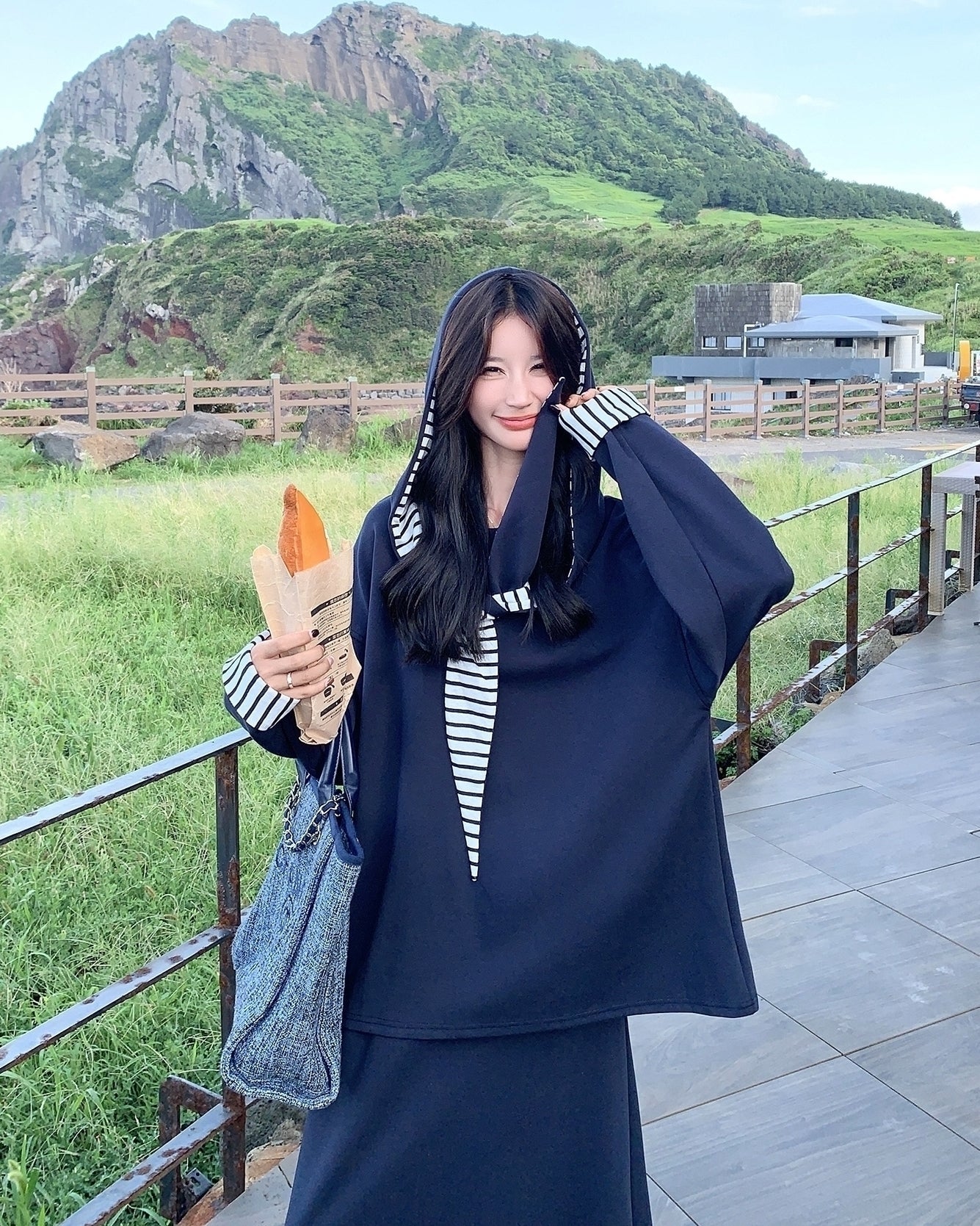 Navy Striped Hoodie Skirt Set Casual Preppy Style