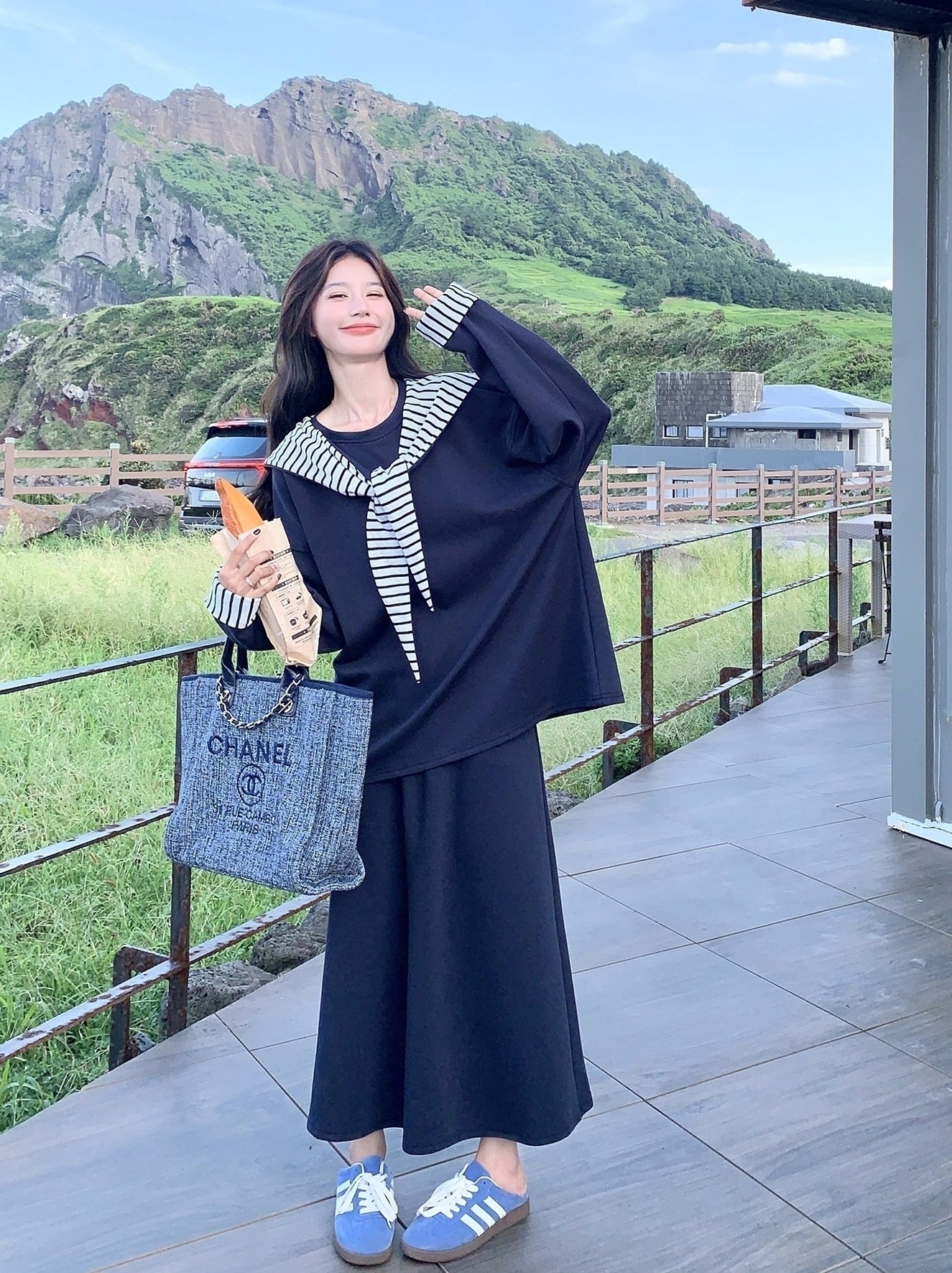 Navy Striped Hoodie Skirt Set Casual Preppy Style