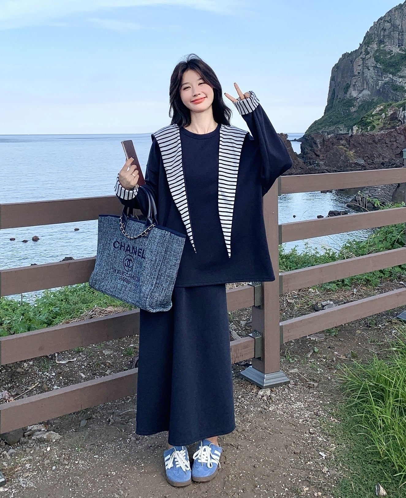 Navy Striped Hoodie Skirt Set Casual Preppy Style