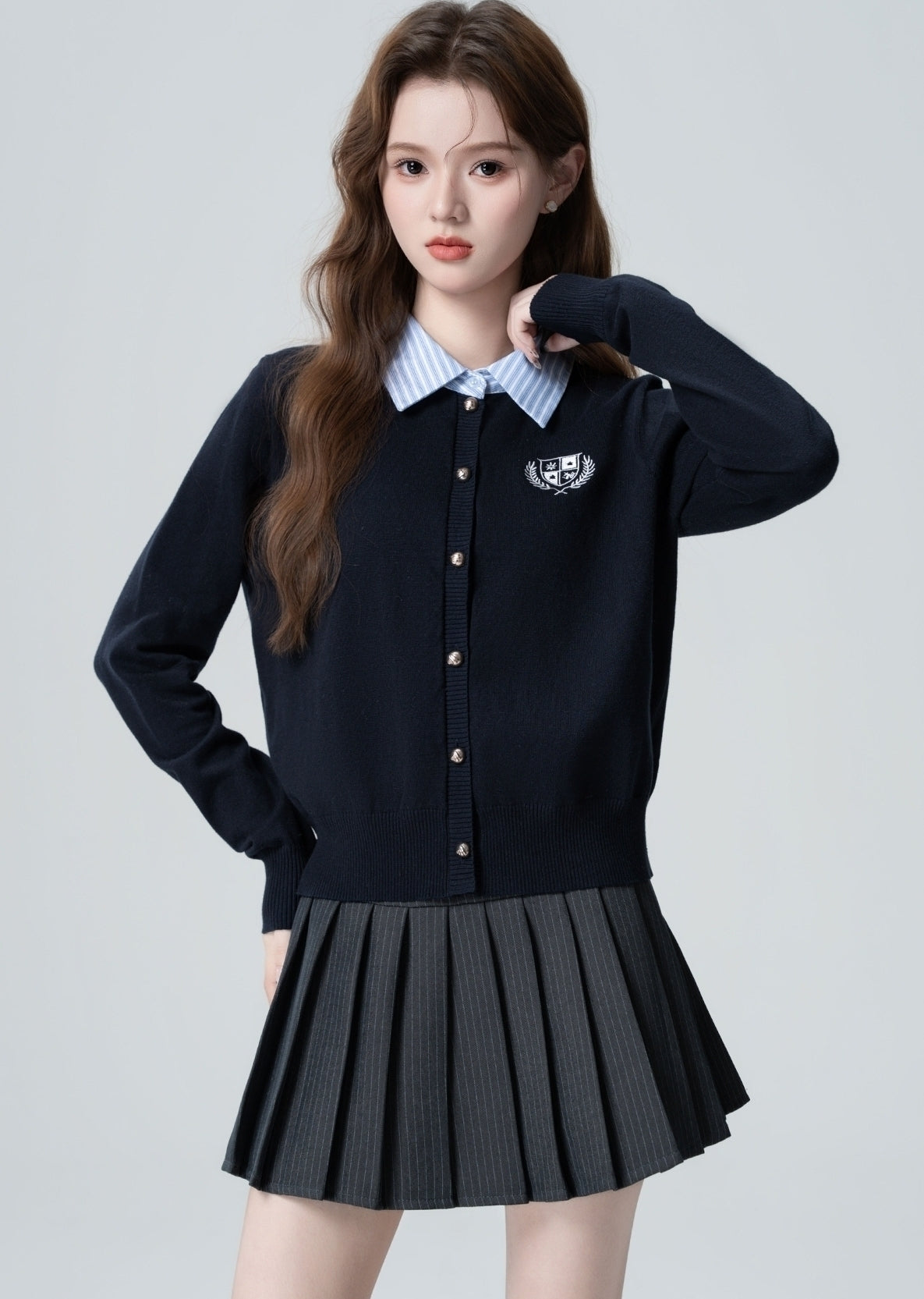 Navy Striped Knit Cardigan With Layered Design
