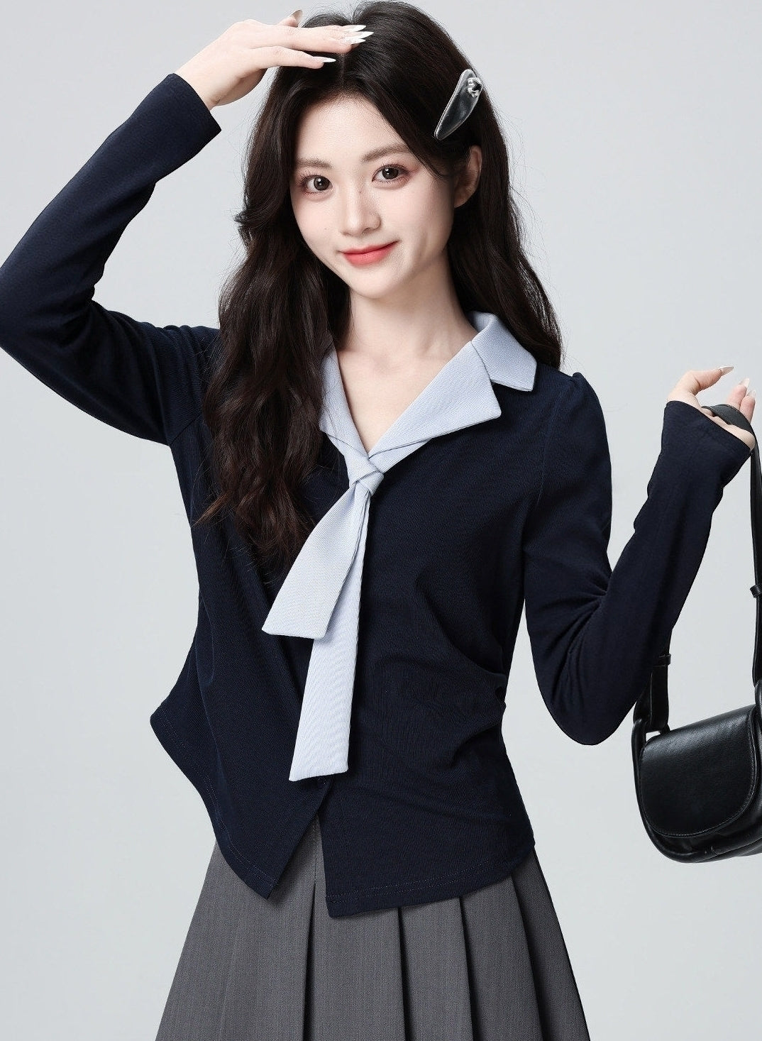 Navy V Neck Long Sleeve Contrast Tie Top