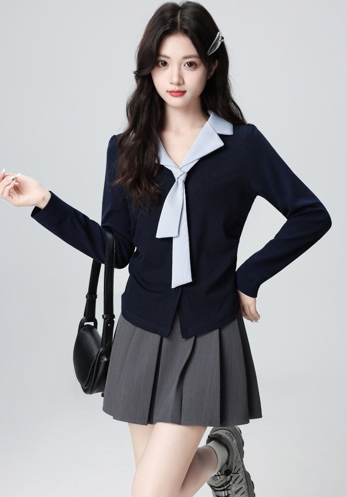 Navy V Neck Long Sleeve Contrast Tie Top