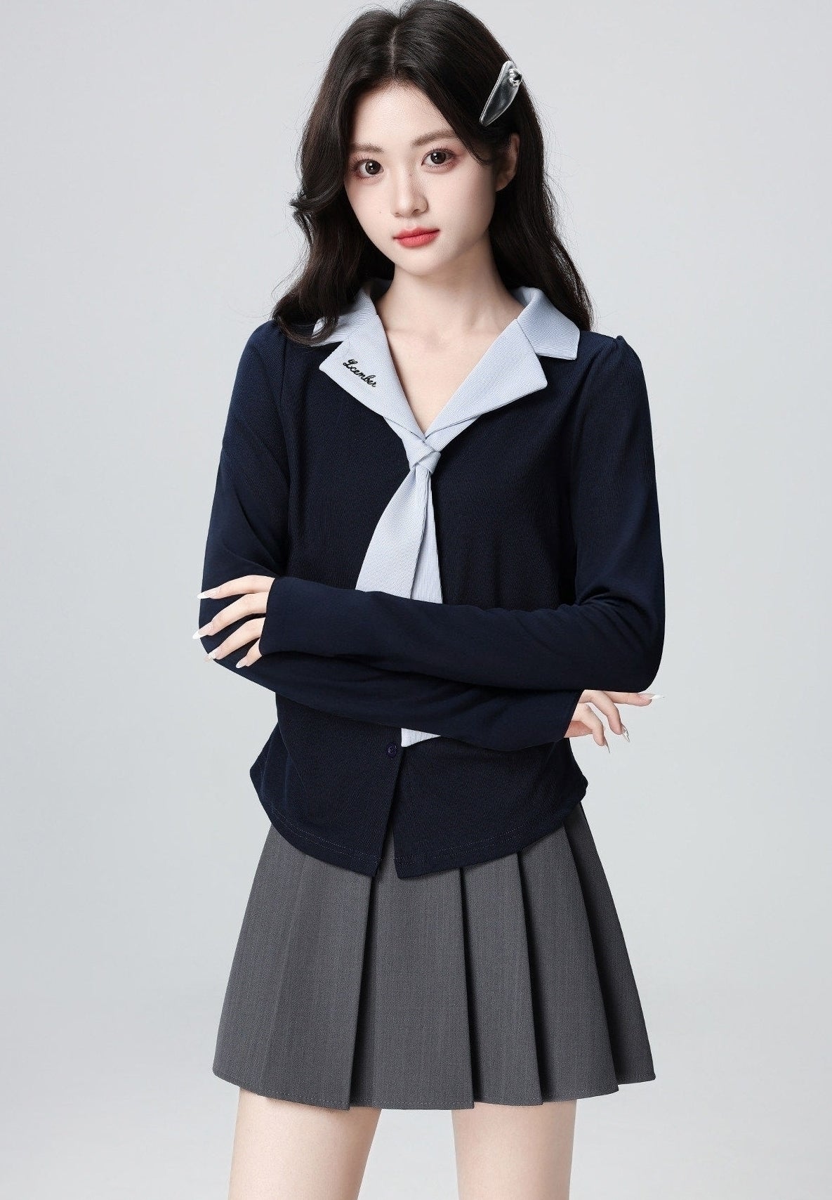 Navy V Neck Long Sleeve Contrast Tie Top