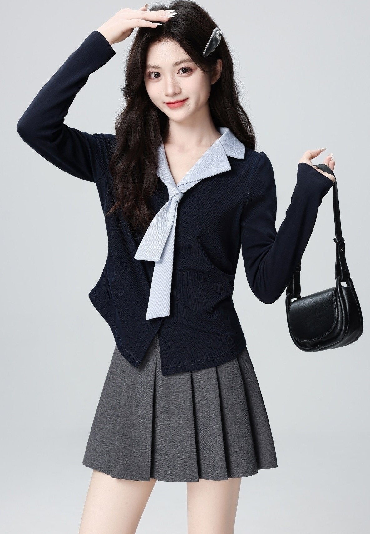 Navy V Neck Long Sleeve Contrast Tie Top