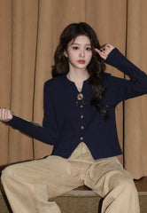 Navy V Neck Long Sleeve Knit Sweater Top