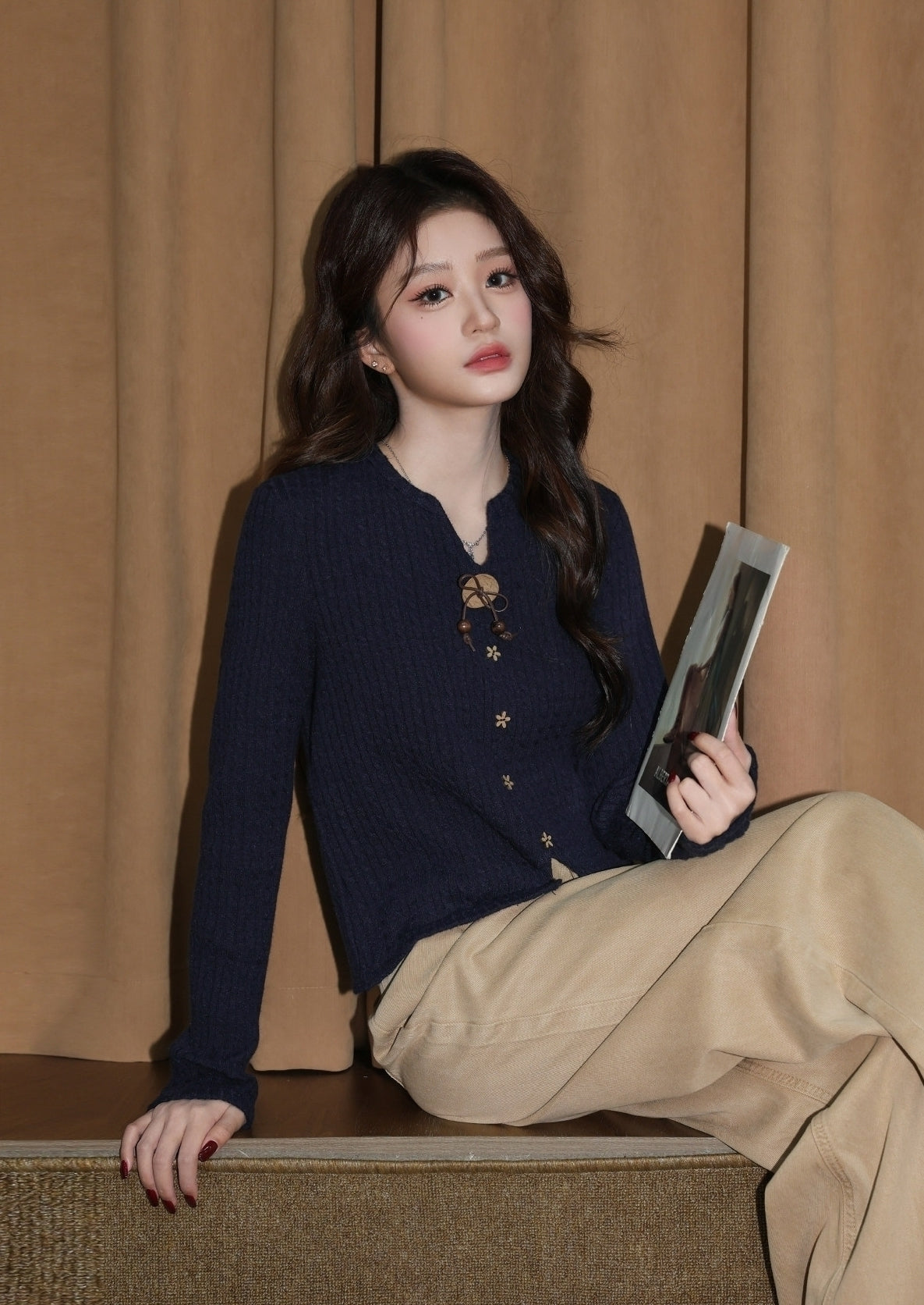 Navy V Neck Long Sleeve Knit Sweater Top