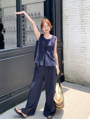 Navy Vintage Ruffle Trim Vest Wide Leg Pants Set