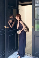 Navy Vintage Ruffle Trim Vest Wide Leg Pants Set