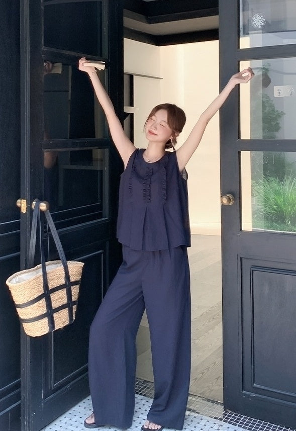 Navy Vintage Ruffle Trim Vest Wide Leg Pants Set