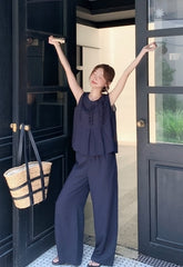 Navy Vintage Ruffle Trim Vest Wide Leg Pants Set