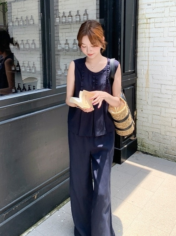 Navy Vintage Ruffle Trim Vest Wide Leg Pants Set