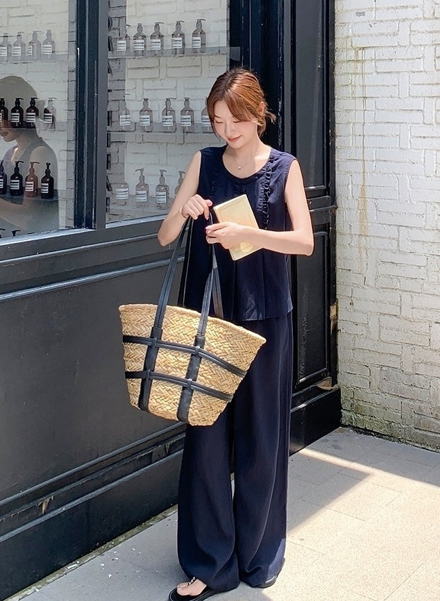 Navy Vintage Ruffle Trim Vest Wide Leg Pants Set