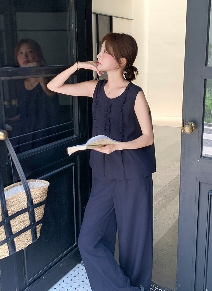 Navy Vintage Ruffle Trim Vest Wide Leg Pants Set