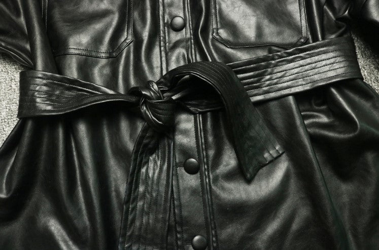 Black Lace Belted Leather Long Jacket