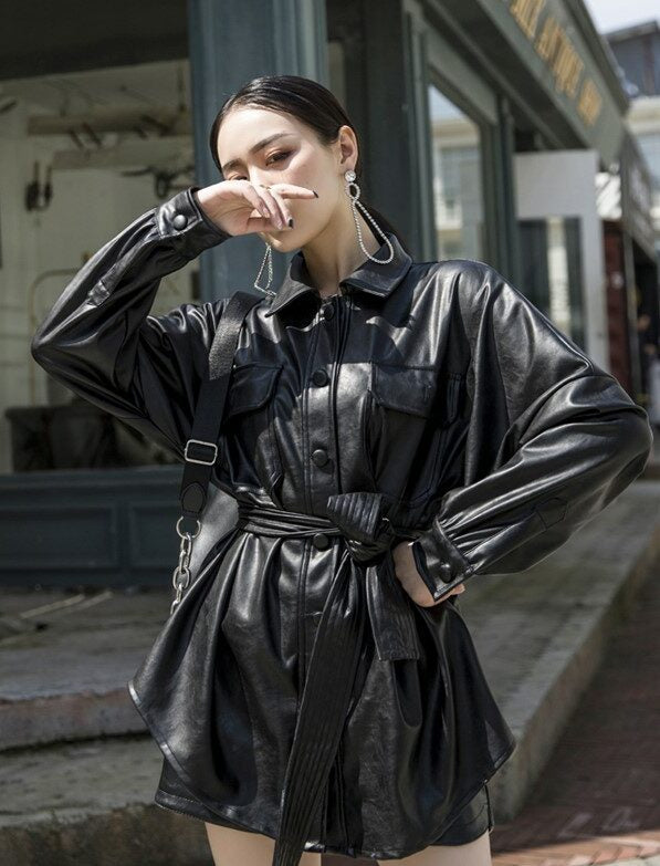 Black Lace Belted Leather Long Jacket