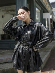 Black Lace Belted Leather Long Jacket