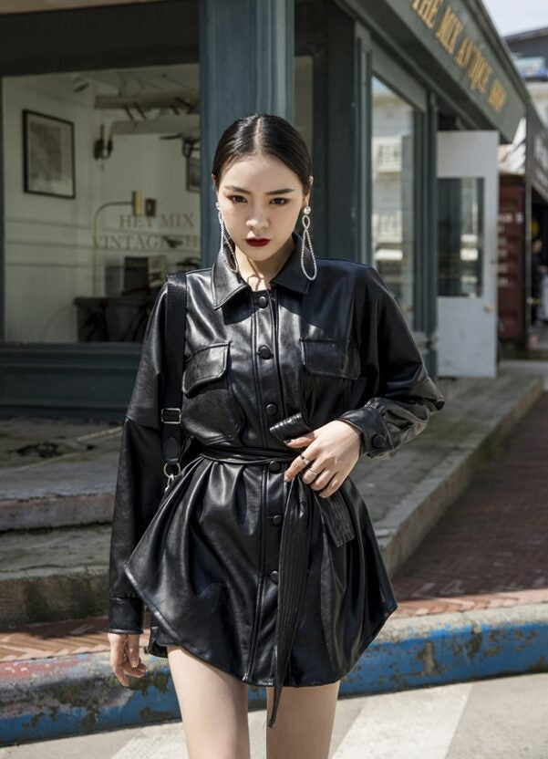 Black Lace Belted Leather Long Jacket