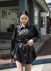 Black Lace Belted Leather Long Jacket