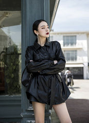Black Lace Belted Leather Long Jacket