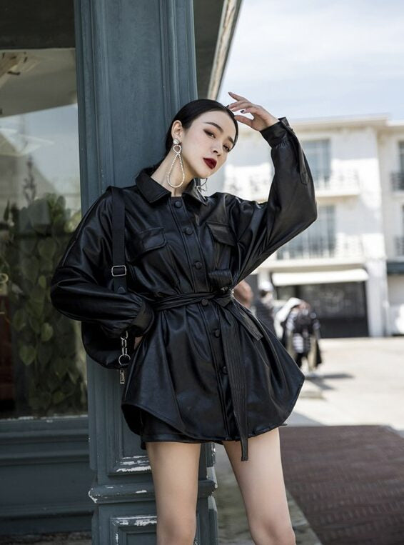 Black Lace Belted Leather Long Jacket