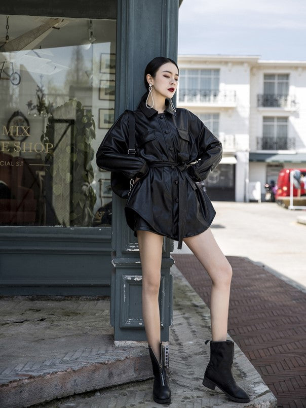 Black Lace Belted Leather Long Jacket