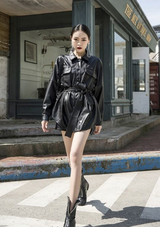 Black Lace Belted Leather Long Jacket