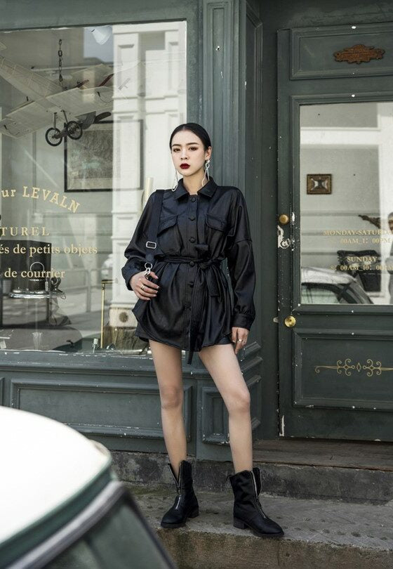 Black Lace Belted Leather Long Jacket