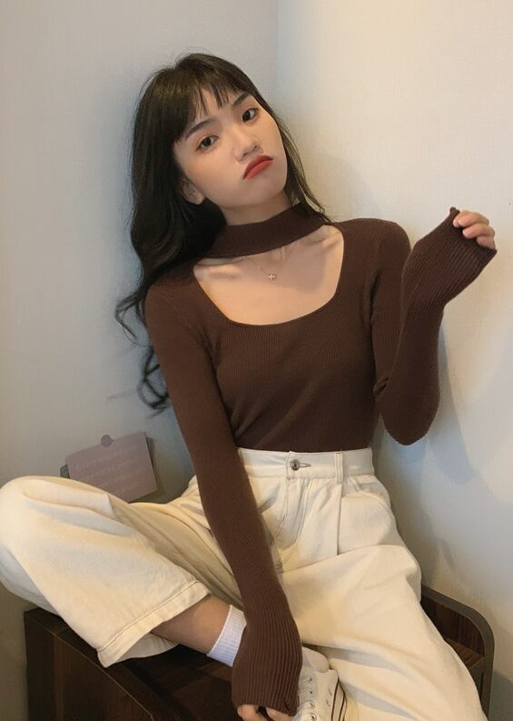 Beige Cut-Out Mock Neck Top