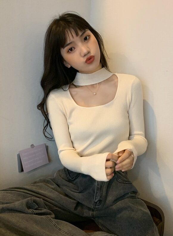 Beige Cut-Out Mock Neck Top