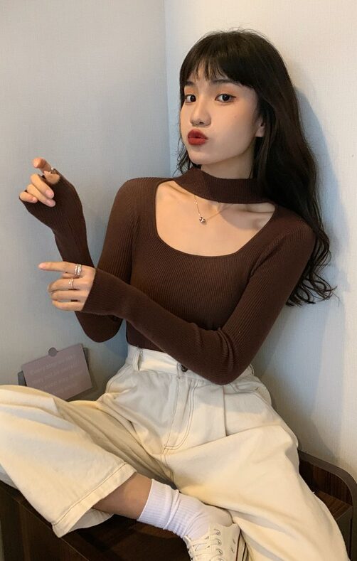 Beige Cut-Out Mock Neck Top
