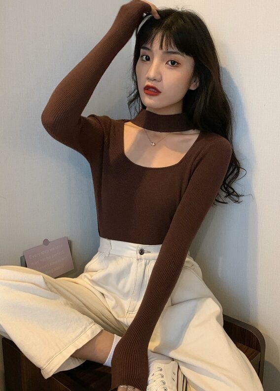 Beige Cut-Out Mock Neck Top