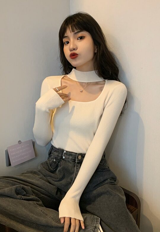 Beige Cut-Out Mock Neck Top