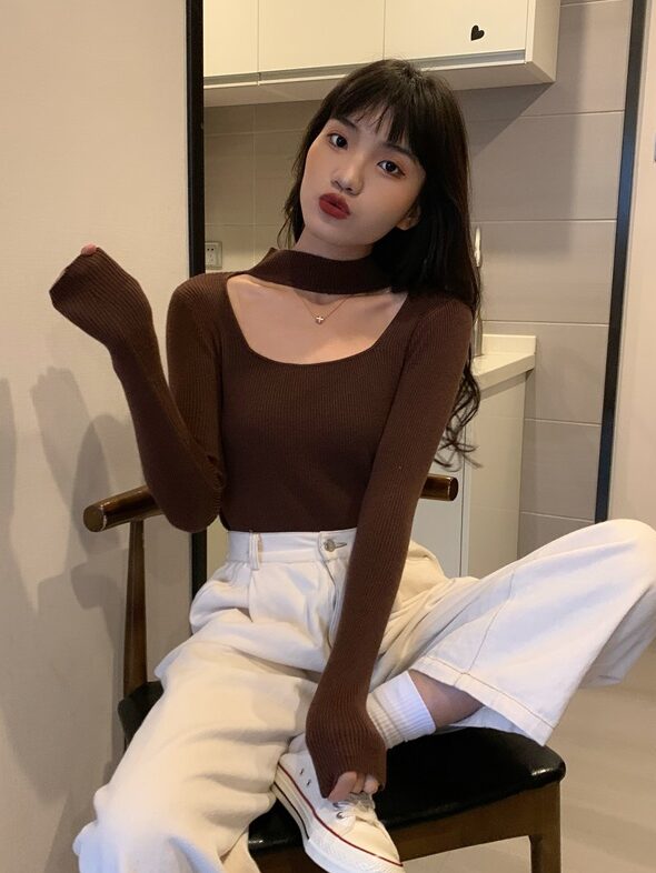 Beige Cut-Out Mock Neck Top