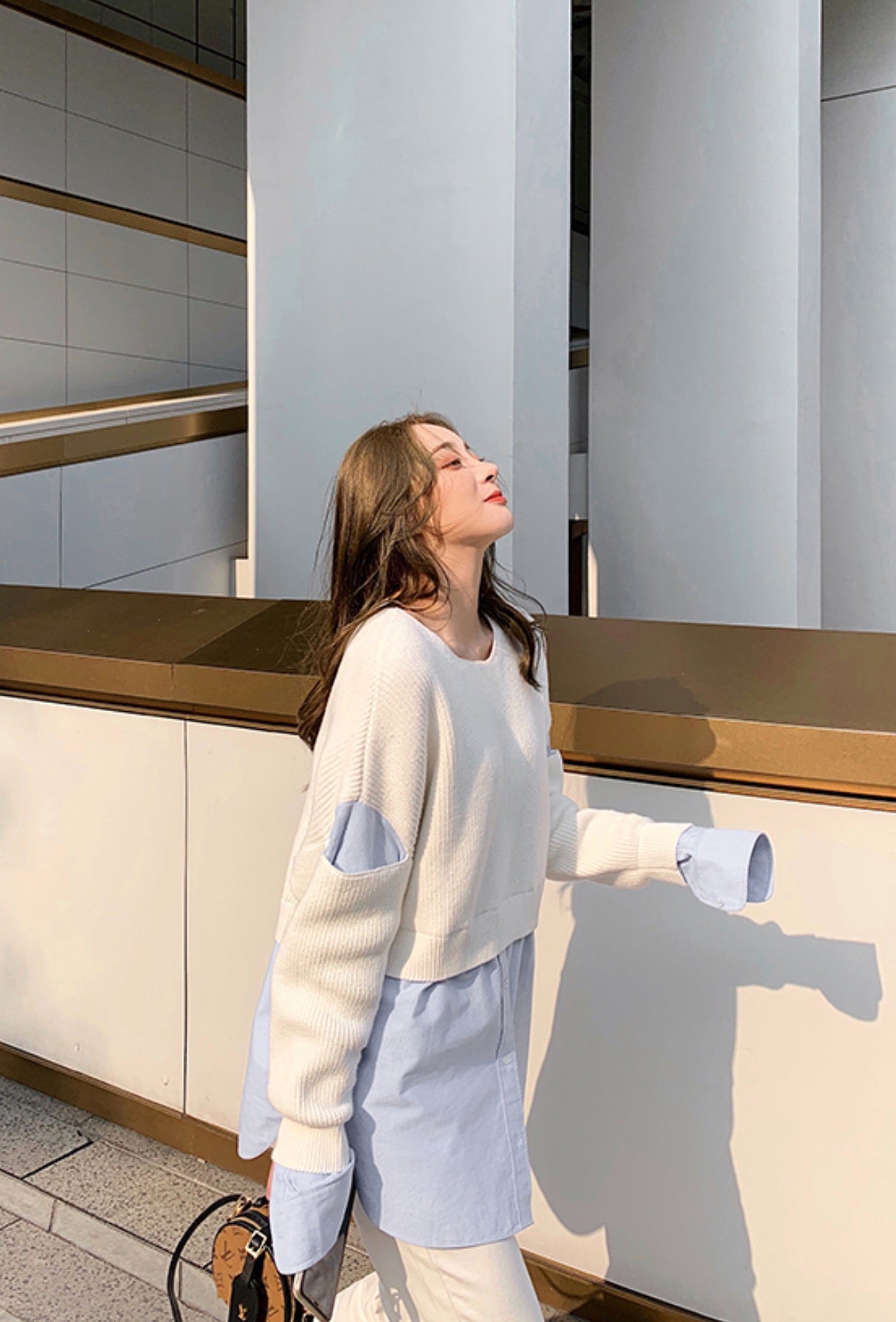 Beige Sweater With Blue Inner Shirt