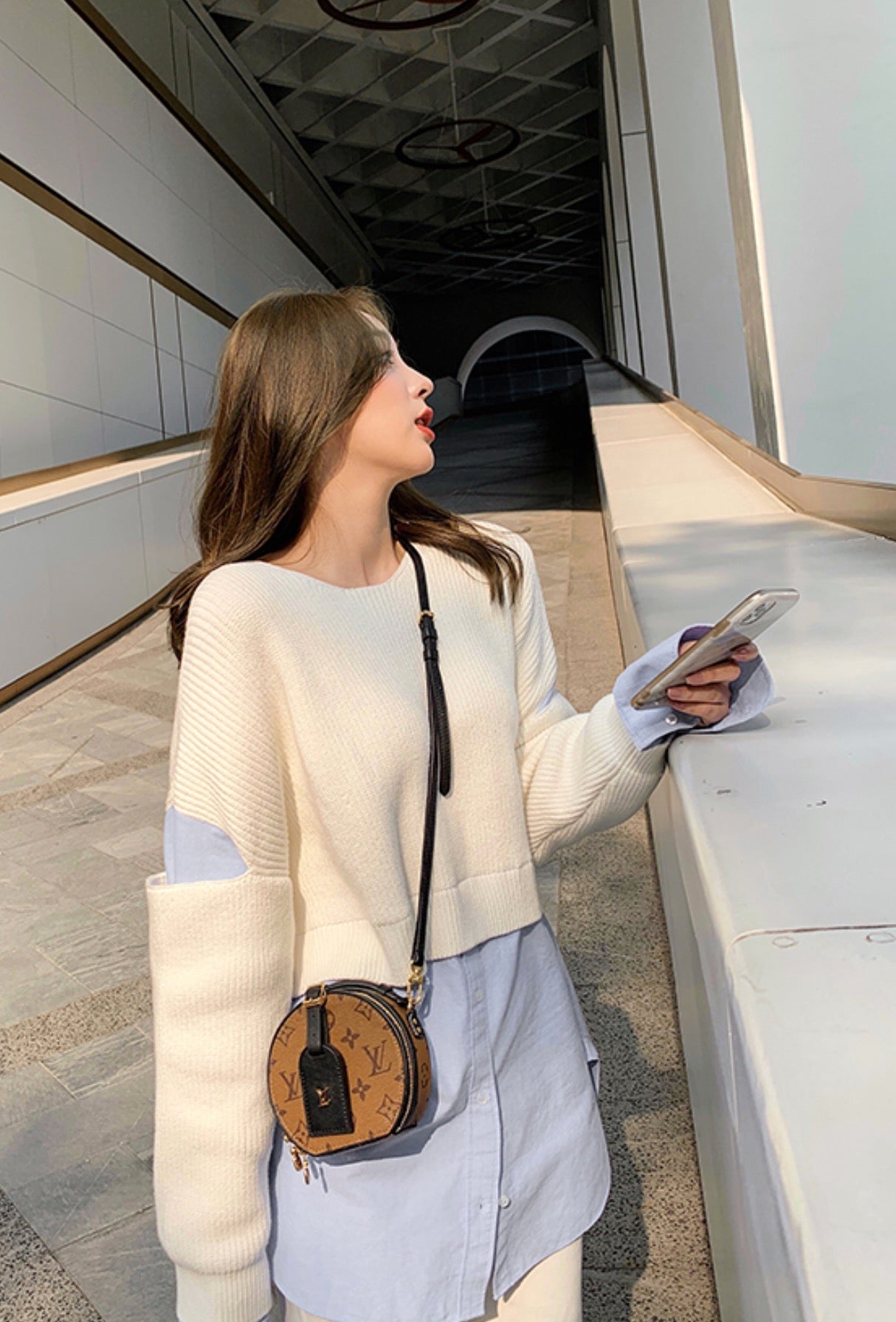 Beige Sweater With Blue Inner Shirt