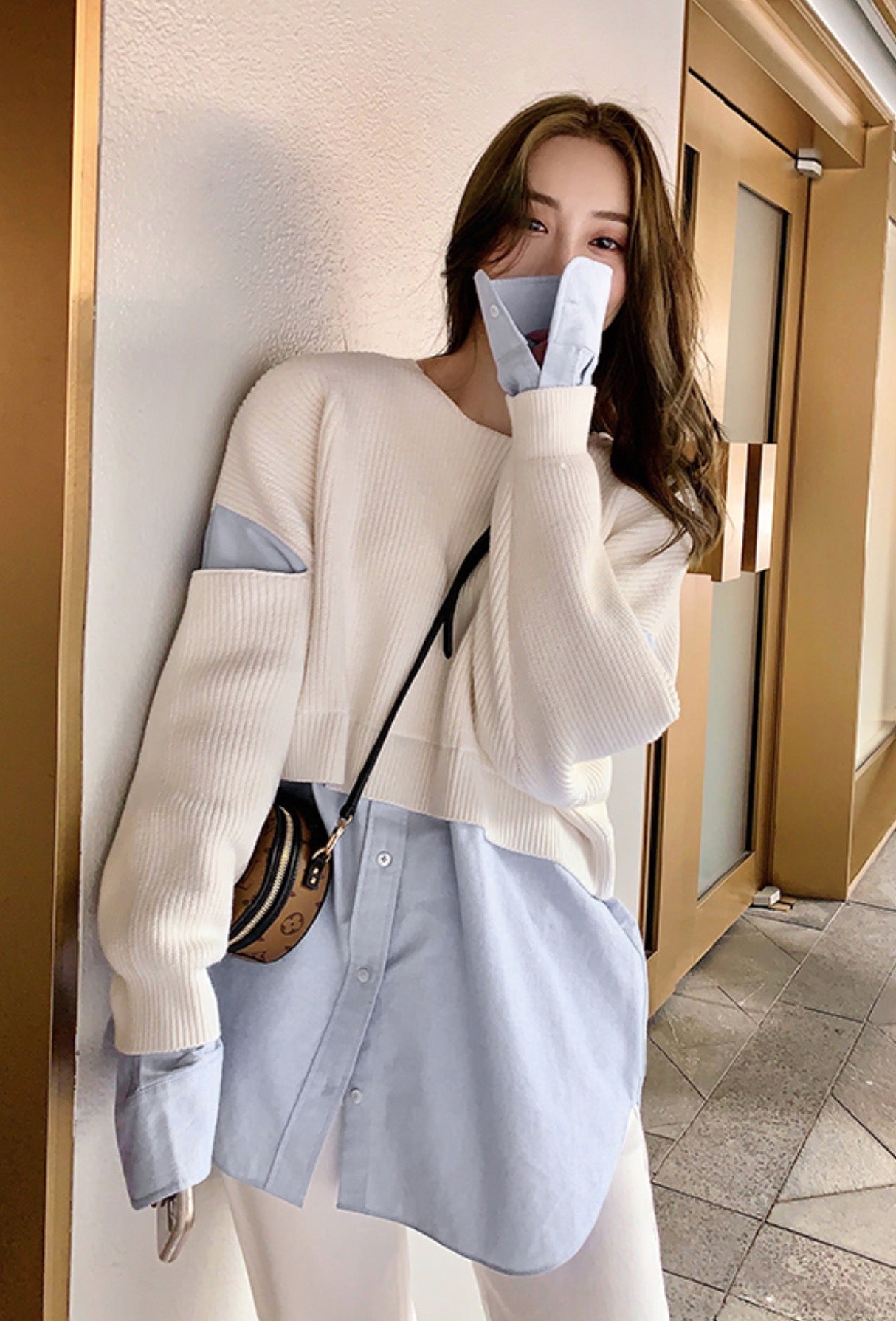 Beige Sweater With Blue Inner Shirt