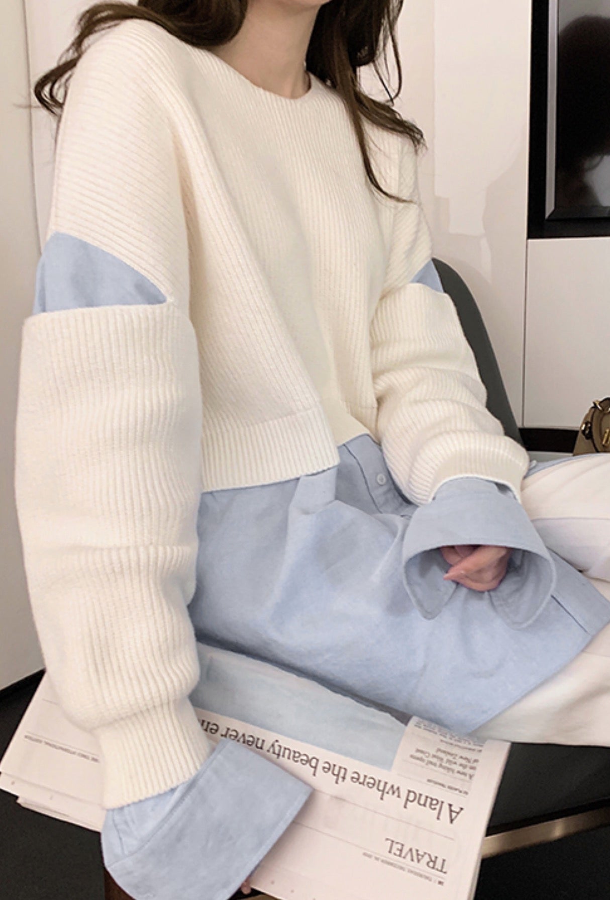Beige Sweater With Blue Inner Shirt