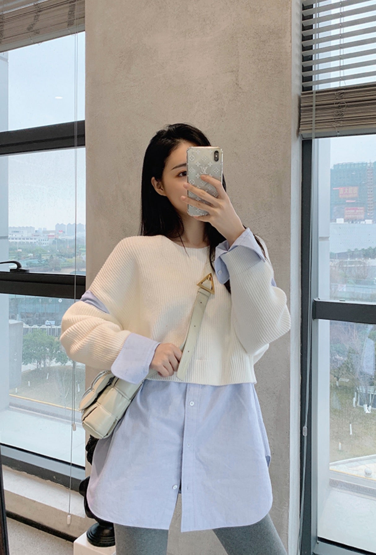 Beige Sweater With Blue Inner Shirt