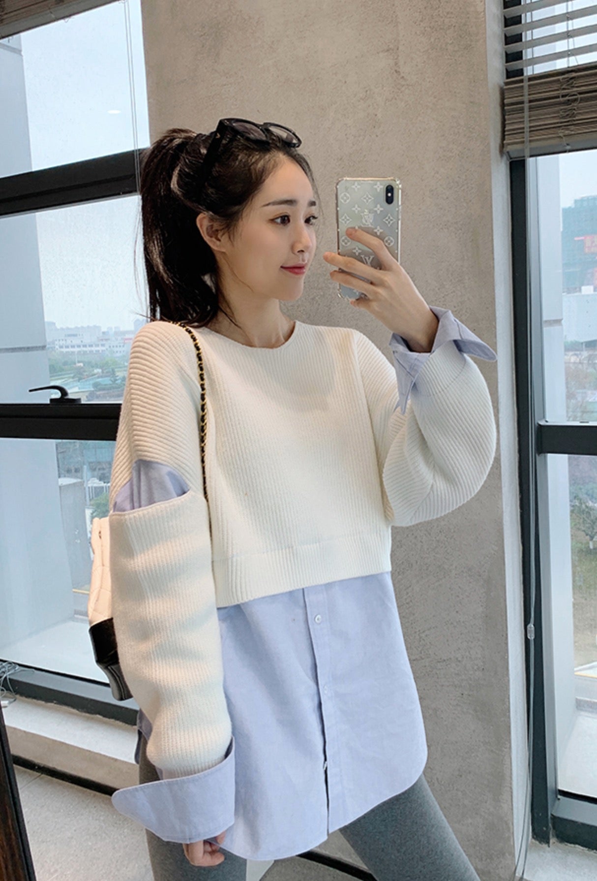 Beige Sweater With Blue Inner Shirt
