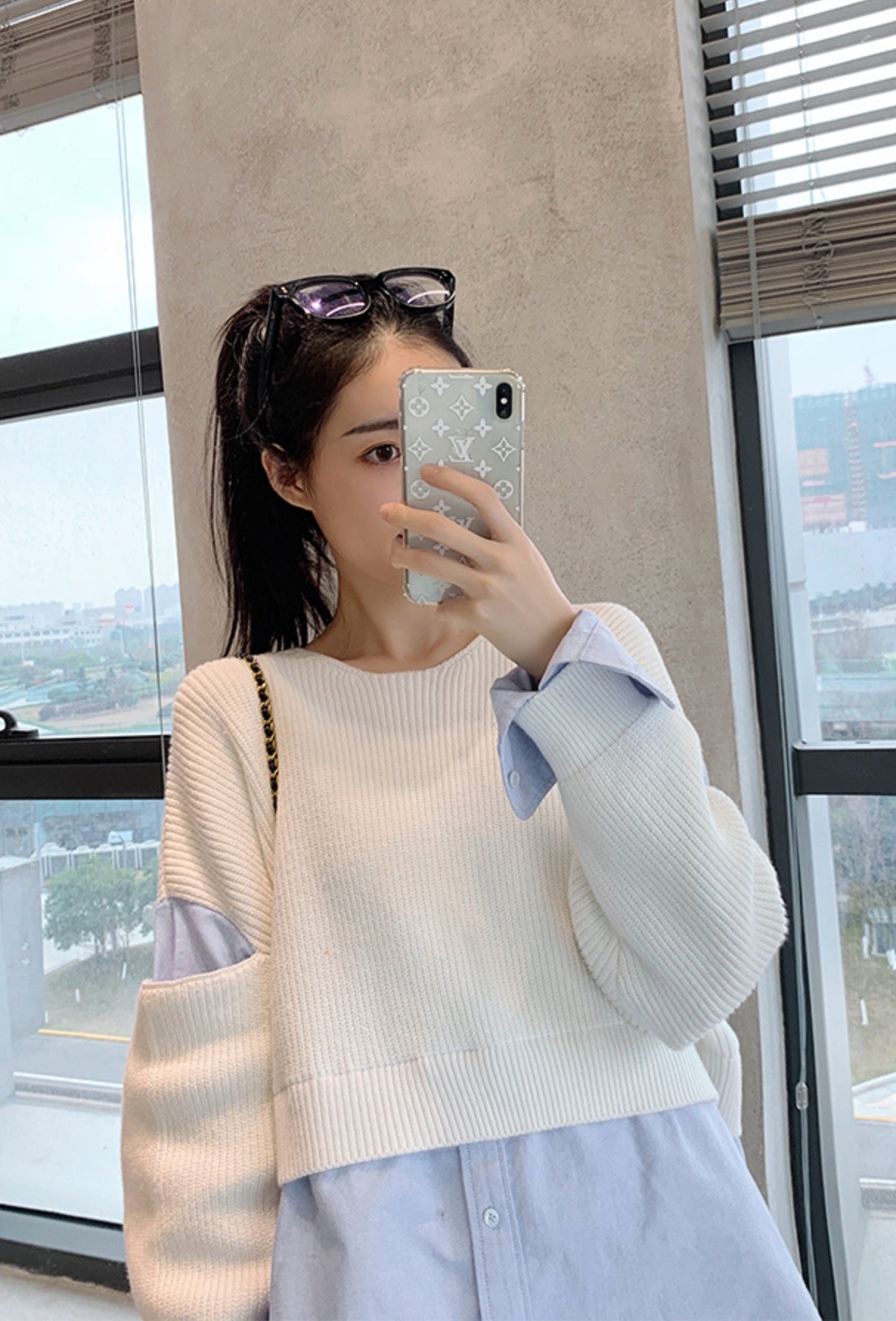Beige Sweater With Blue Inner Shirt