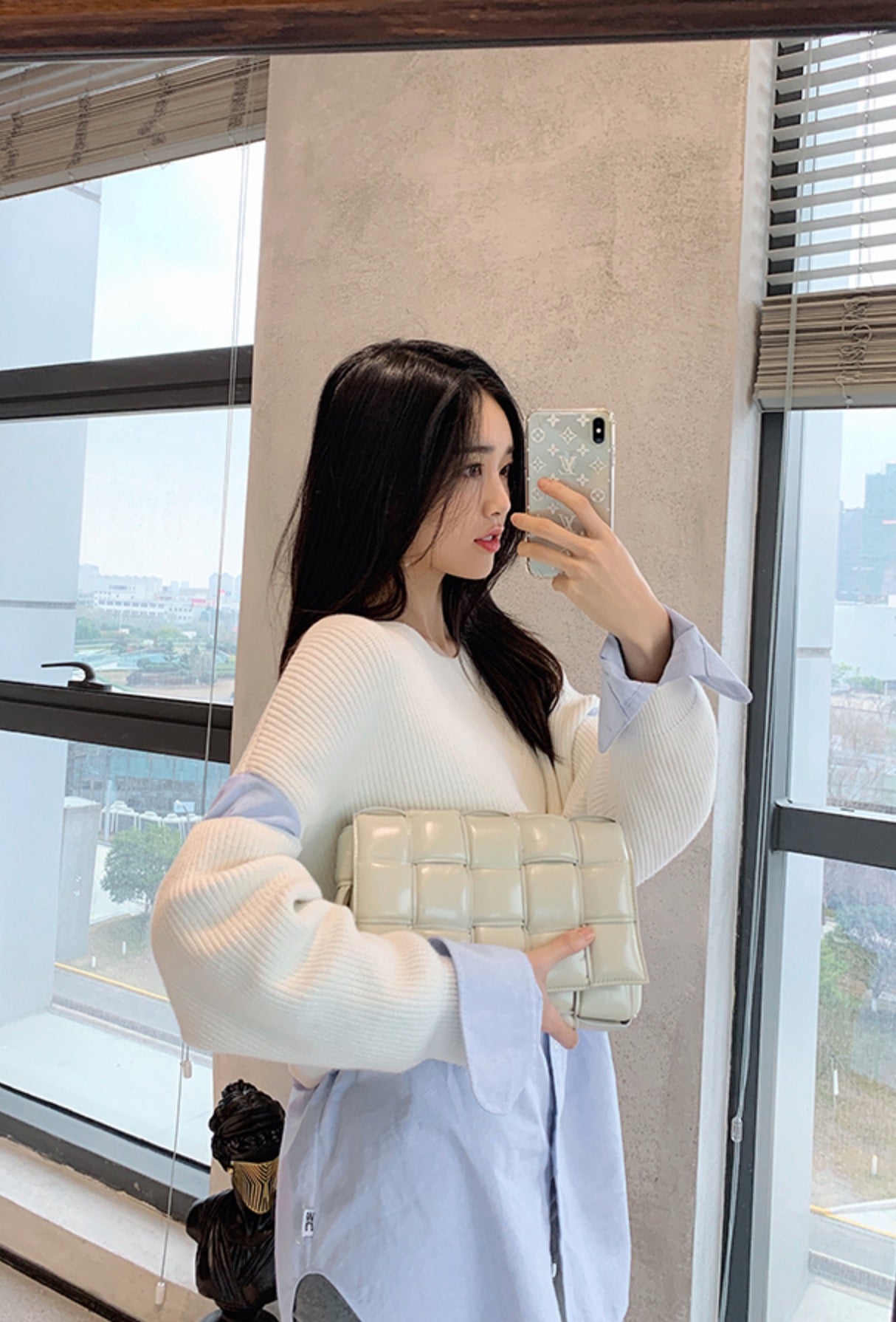 Beige Sweater With Blue Inner Shirt