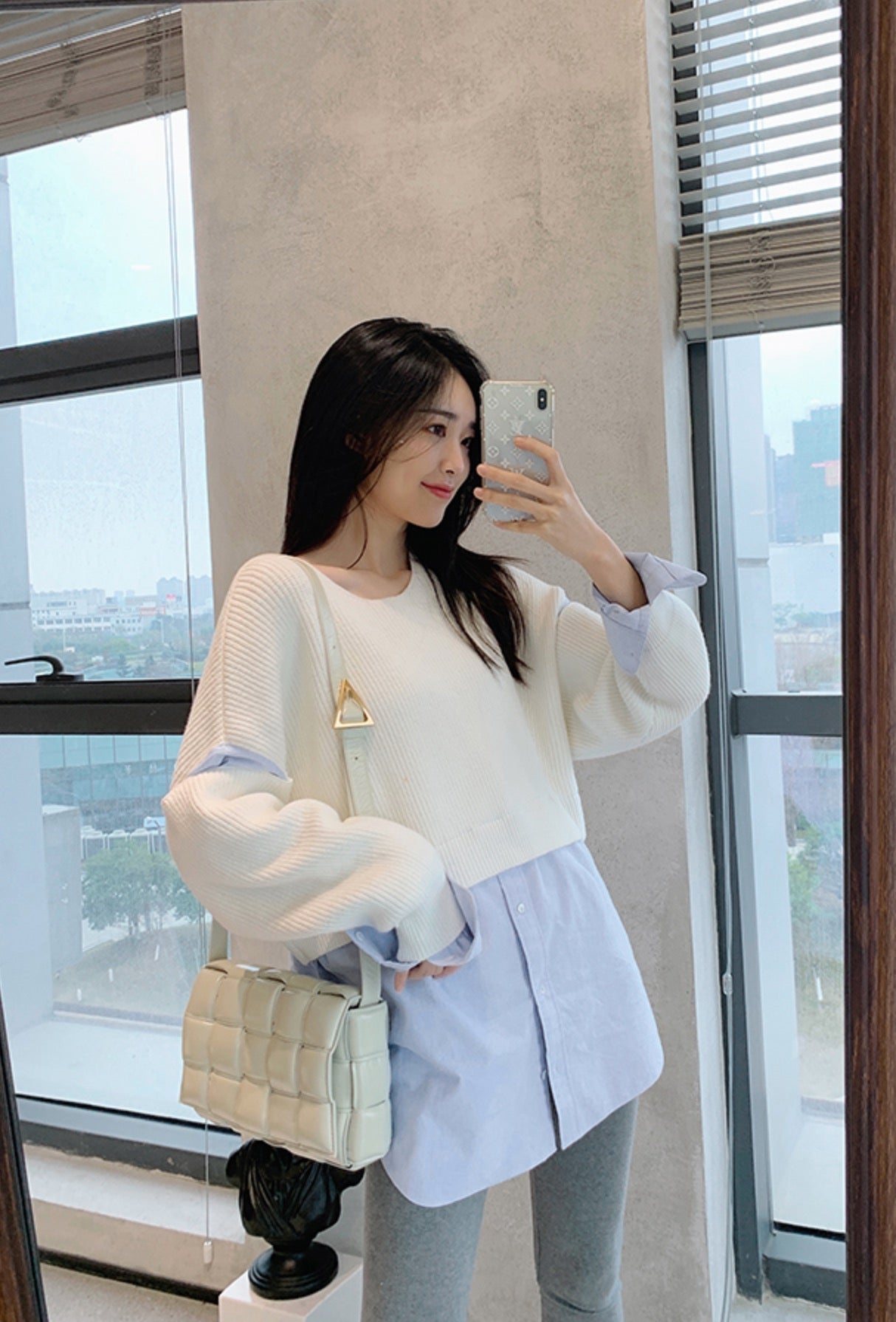 Beige Sweater With Blue Inner Shirt