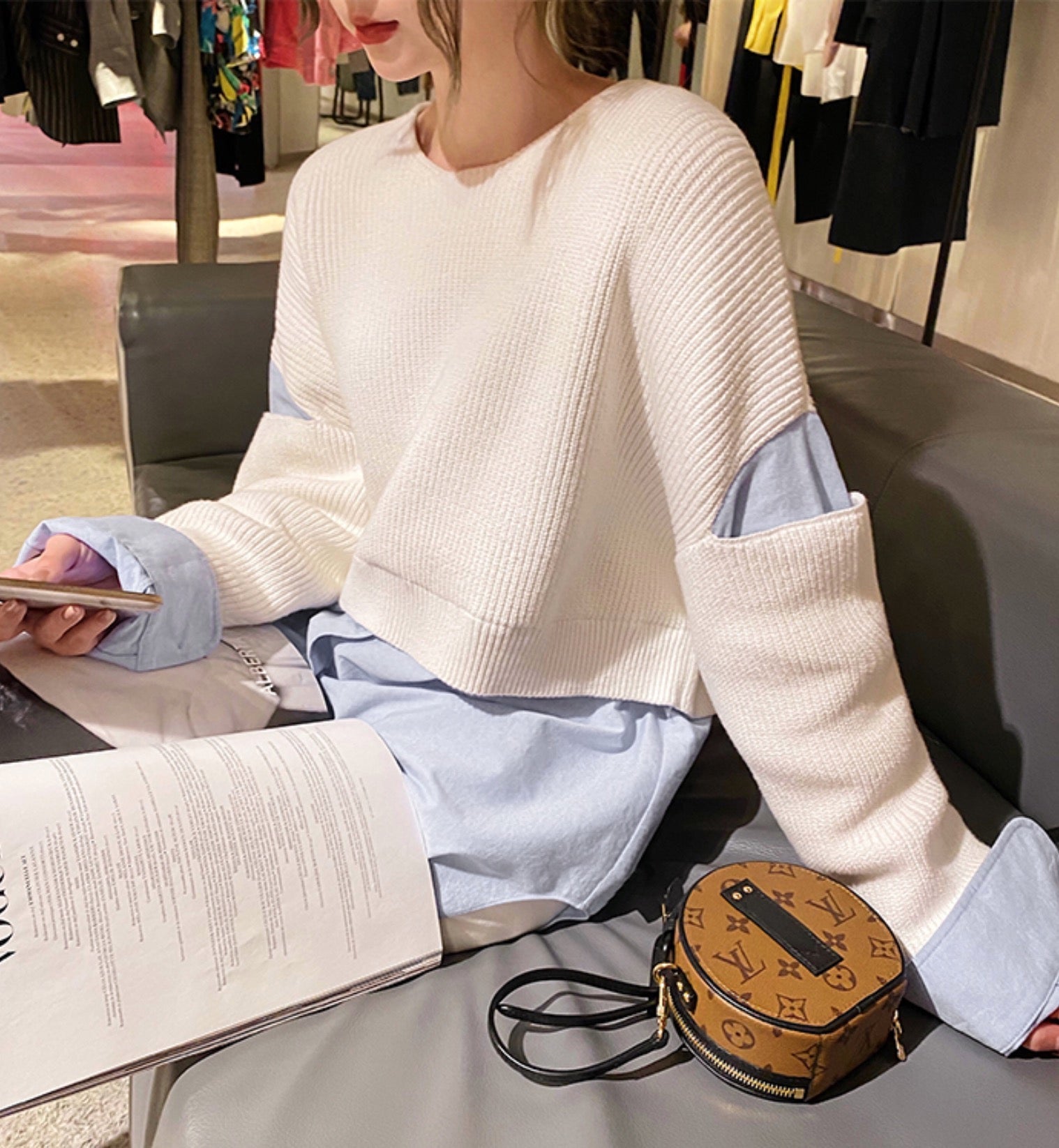 Beige Sweater With Blue Inner Shirt