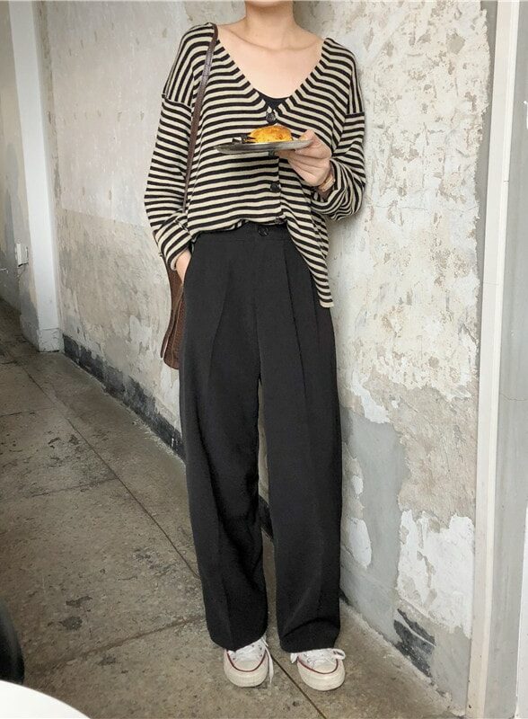 Black And White V-Neck Striped Knit Cardigan