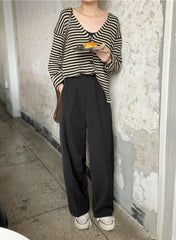 Black And White V-Neck Striped Knit Cardigan